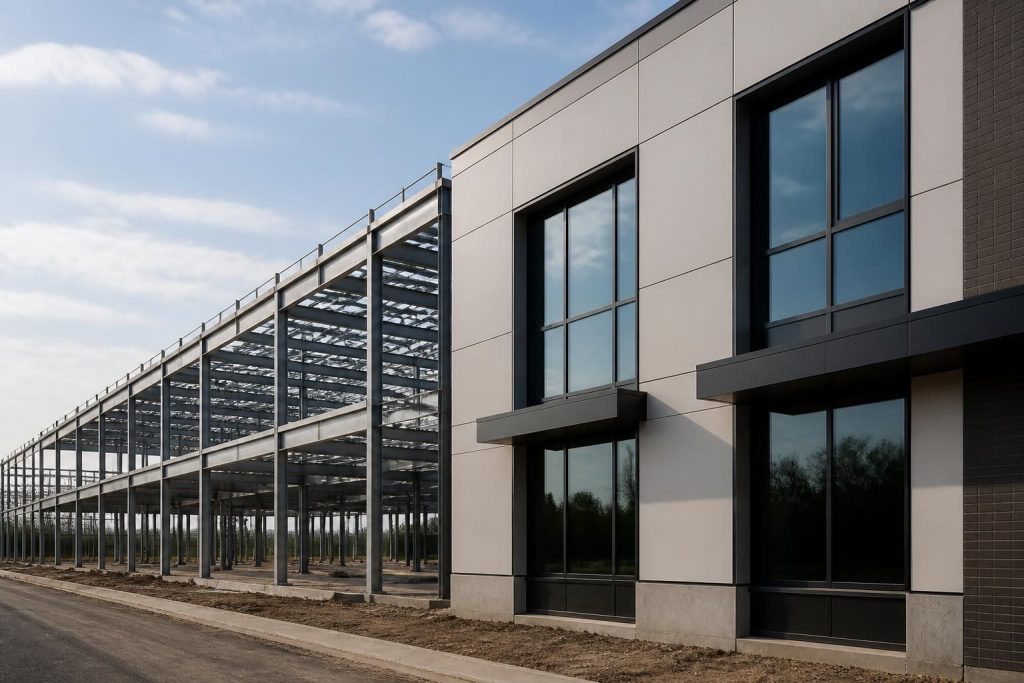Modern commercial construction site with clean framing and finished facade