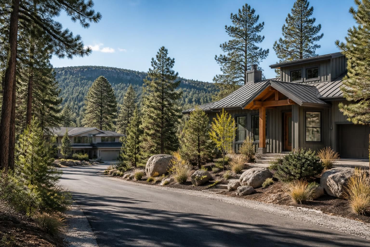 Los Alamos residential street with mountain homes and pines