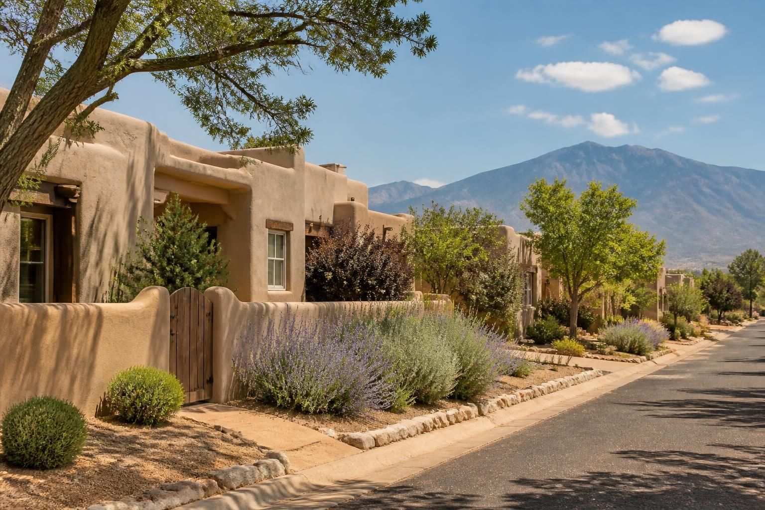 Santa Fe neighborhood with adobe-style homes and desert light